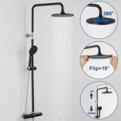 CECIPA Columna De Ducha Termostática Con Mezclador, 38 °C Conjunto De Ducha Termostática Regulable En Altura, Termostático De Ducha Con Rociador Y Monomando De Ducha Negro+Cromo