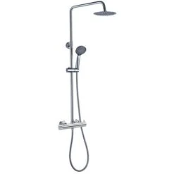 Columna De Ducha Monomando TOR De Diseño Redondo, Tubo Redondo Extensible Regulable En Altura De 80 A 120 Cm. Acabados En Cromo Brillo. Ducha De Mano Y Rociador Redondos. Recambios Garantizados