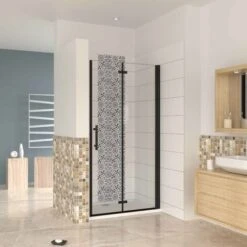 Mampara Ducha Frontal Baño Dos Puerta Plegable Con Perfil Negro Mate ,estilo Industrial, 5 Mm Cristal Templado, Easyclean,70x190cm