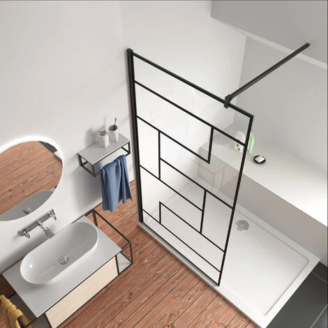 70x200cm Mamparas De Ducha Pantalla Panel Fijo Estilo Industrial Negro Mate Con Cuadrados Cristal Antical 8mm Barra 90cm 4 70x200cm Mamparas De Ducha Pantalla Panel Fijo Estilo Industrial Negro Mate Con Cuadrados Cristal Antical 8mm Barra 90cm - Imagen 2