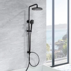 CECIPA Columna De Ducha Sistema De Ducha Negro Sin Grifería, Set De Ducha Efecto Lluvia Con Rociador Redondo De 22 Cm Y Teleducha 3 Modos, Regulable En Altura