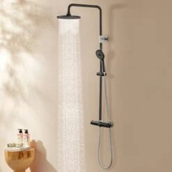 Cecipa 38 °C Columnas De Ducha Termostáticas Termostatica Columna De Ducha Con Ducha De Mano, Ducha De Lluvia, Conjunto De Ducha Termostático Regulable En Altura Negro