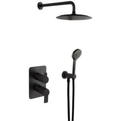 Blautherm Negro Mate, Conjunto Monomando Metálico Empotrado 2 Vías Con Soporte, Toma De Agua, Teleducha Y Rociador ABS Ø240mm