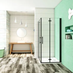Cabina De Ducha Angular Plegable Con Bisagra Cuatro Hojas, 5mm Cristal Templado Antical, Marco Negro Mate, 70x70x190cm