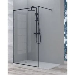 Mampara Ducha Fijo Walk In Reborde Negro Vidrio Templado 8mm Antical 195cm Altura 70 Cm Perfil Negro Mate