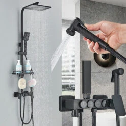 Columna De Ducha Negra Conjunto De Ducha Con Repisa De Baño, Teleducha