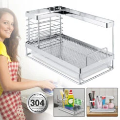 Estanterías Y Cestas De Ducha Organizador De Fregadero Bandeja De Cocina De Acero Inoxidable Portaesponjas Organizador De Lavabo Caddy HENGMEI