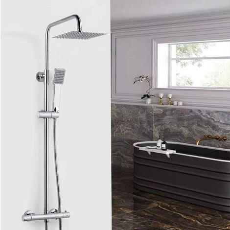 Aica Columna Ducha Con Termostato, Alcachofa Lluvia, Barra Regulable 80-116cm, Plato Cromado De Acero Inoxidable, Ducha De Mano Cuadrada 3 Aica Columna Ducha Con Termostato, Alcachofa Lluvia, Barra Regulable 80-116cm, Plato Cromado De Acero Inoxidable, Ducha De Mano Cuadrada