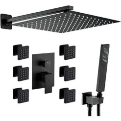 VALAZ Ducha Empotrada Hidromasaje Con 6 Jets A Pared Cuadrada Negro Mate Serie Tajo - 40cm