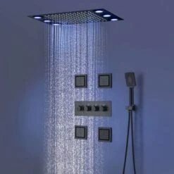 Columna De Ducha Termostática Negra, 500x360mm LED 3 Funciones Sistema De Ducha Empotrado, Aguacero, 4 120x130mm Boquillas De Masaje, Ducha De Mano De 3 Modos, Acero Inoxidable SUS 304